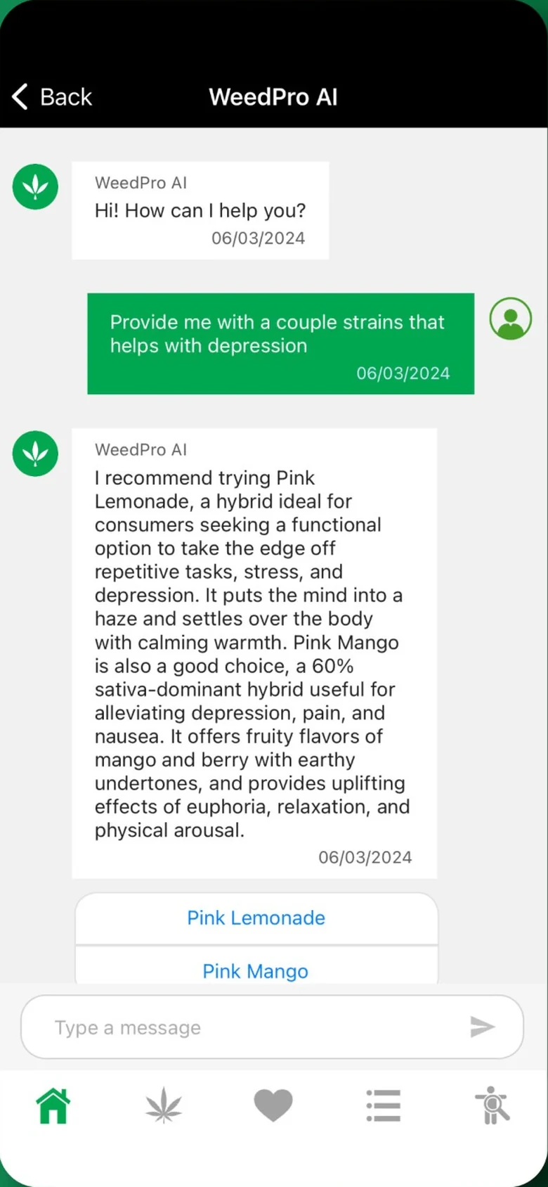 WeedPro AI chat screen suggesting two strains with tappable strain names