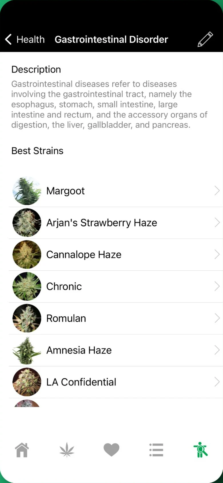 WeedPro screen listing strains for a gastrointestinal condition