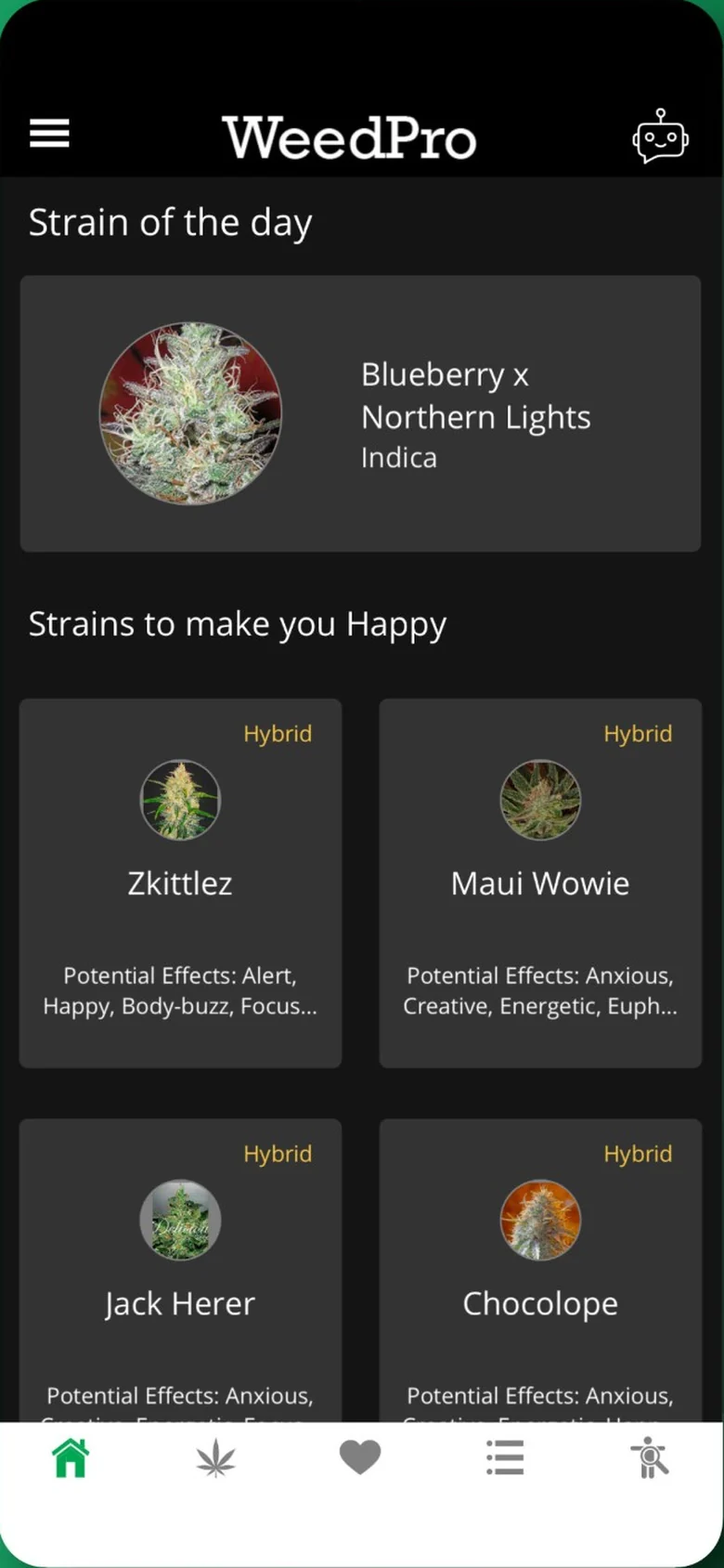 WeedPro home screen showing the strain of the day and strain suggestions by effect