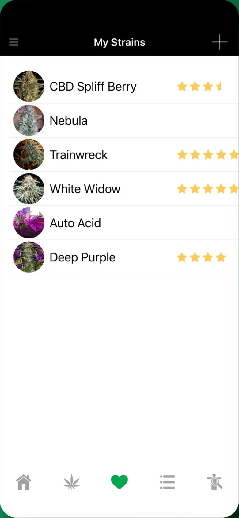 WeedPro My Strains screen listing saved strains with the user's star ratings