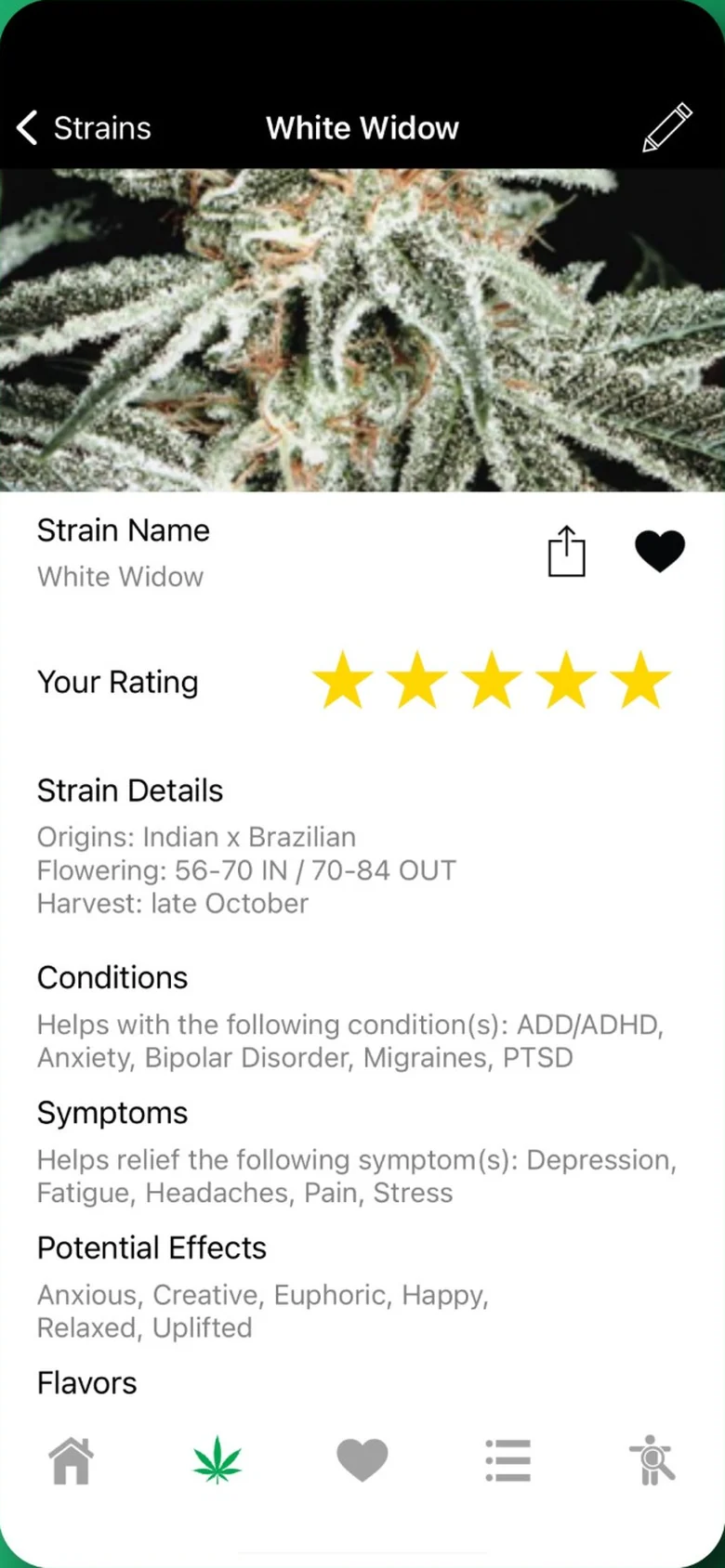 WeedPro strain page for White Widow with the user's rating and strain details